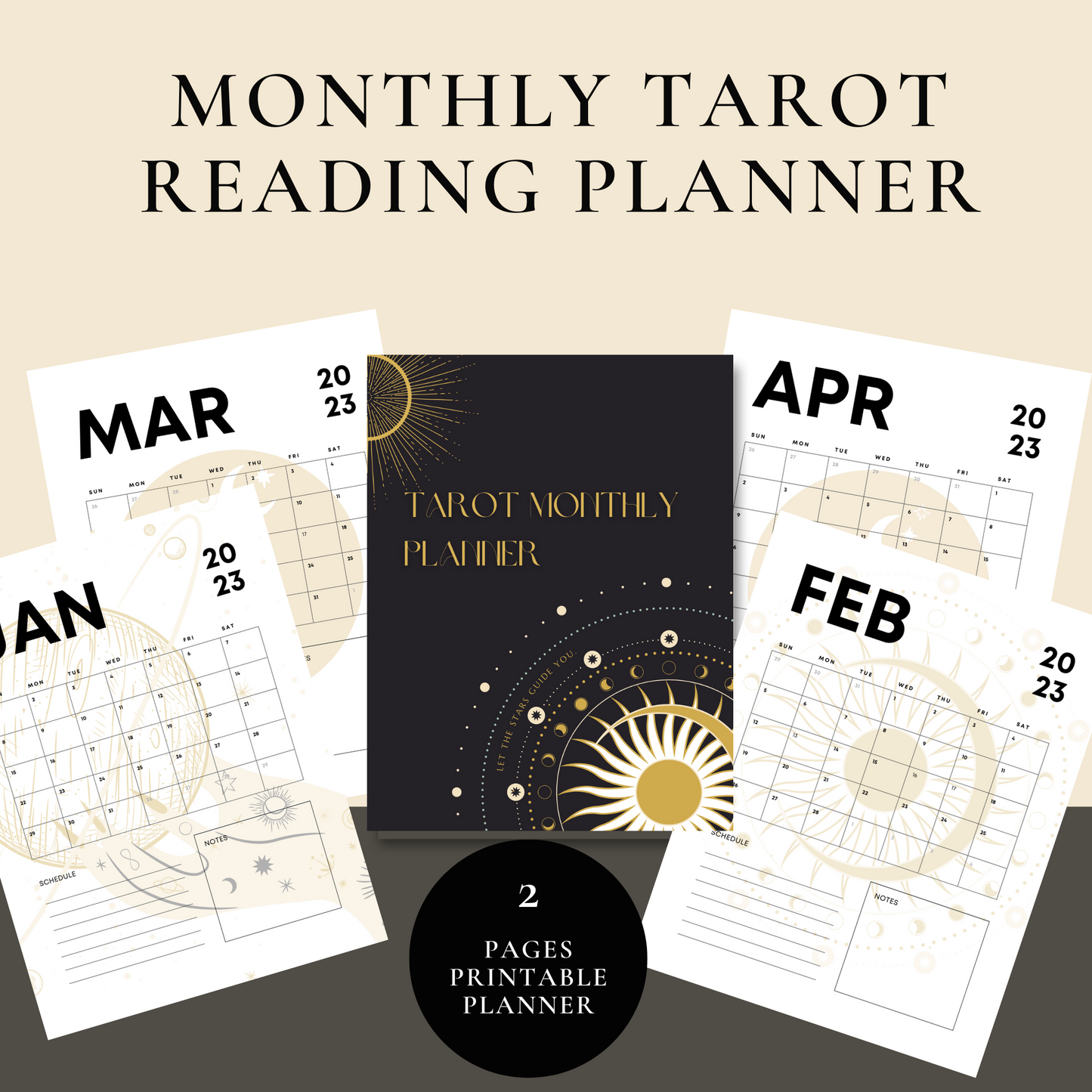 Tarot monthly planner Minimalist simple 12 month calendar Instant Download PDF