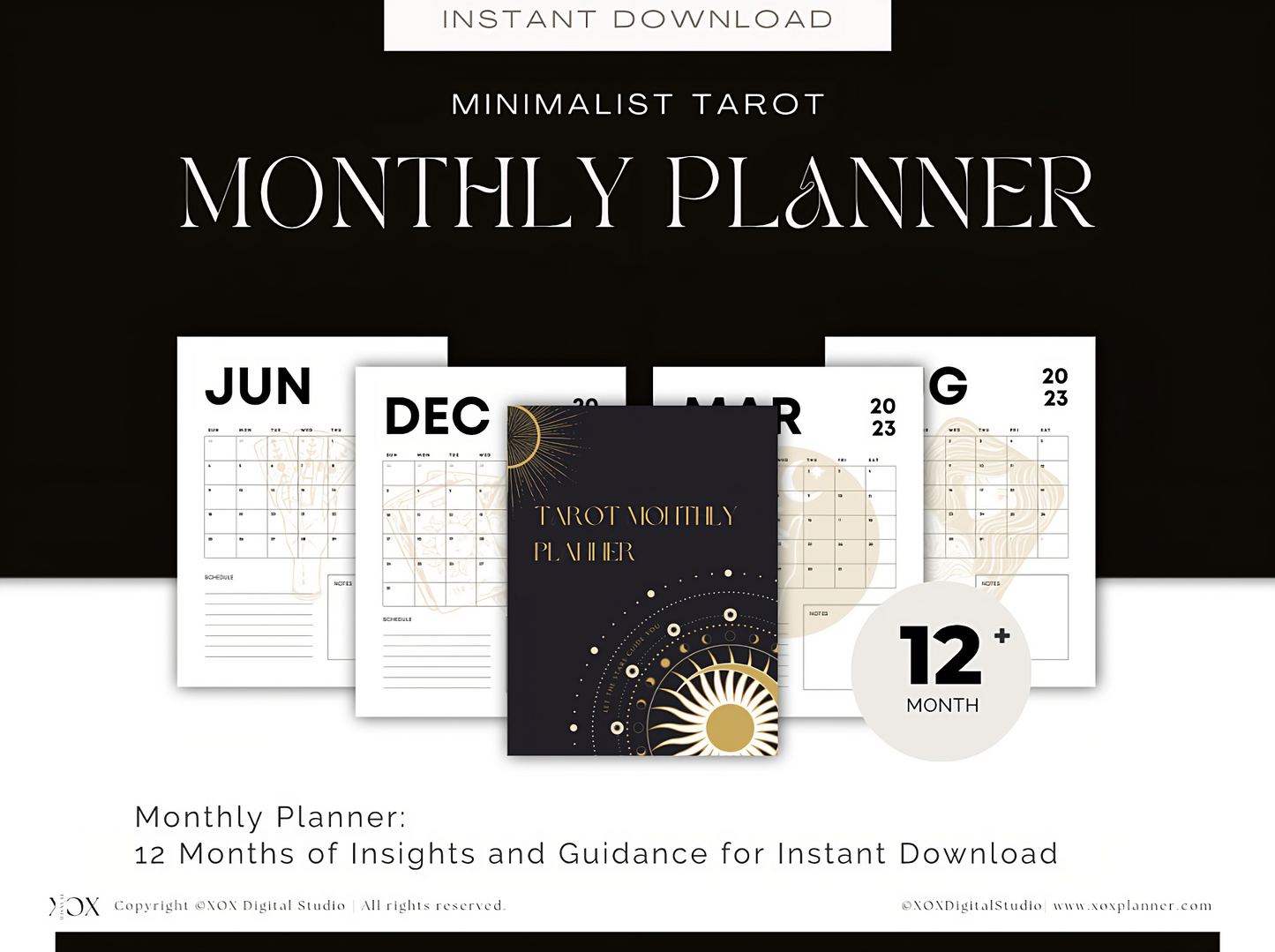 Tarot monthly planner Minimalist simple 12 month calendar Instant Download PDF